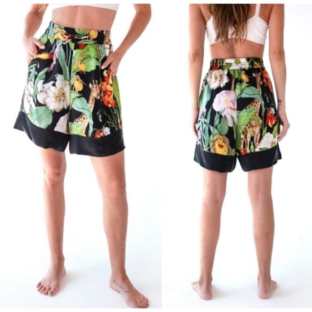 NILUU Monroe Alyx Bermuda Vegan Silk Shorts Giraffe Jungle Tropical Floral Sz S - Picture 2 of 8